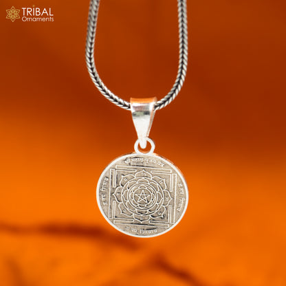 Handmade 925 sterling silver Maha Mrityunjay Yantram pendant with chain, tribal jewelry style, crafted by Tribal Ornaments.