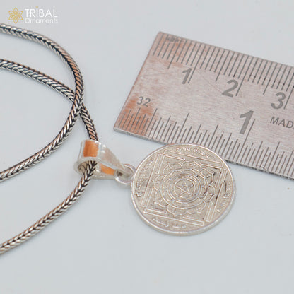 Handmade 925 sterling silver Maha Mrityunjay Yantram pendant with chain from Tribal Ornaments, featuring tribal jewelry design.