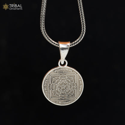 Handmade 925 sterling silver Maha Mrityunjay Yantram pendant with chain, tribal jewelry design by TRIBAL ORNAMENTS.