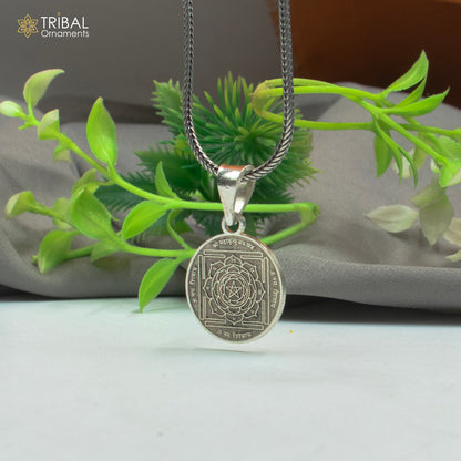 Sterling silver Maha Mrityunjay Yantram pendant with chain, handmade tribal jewelry by TRIBAL ORNAMENTS.