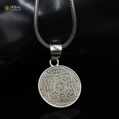 Handmade 925 sterling silver Maha Mrityunjay Yantram pendant with chain, tribal jewelry style by TRIBAL ORNAMENTS.