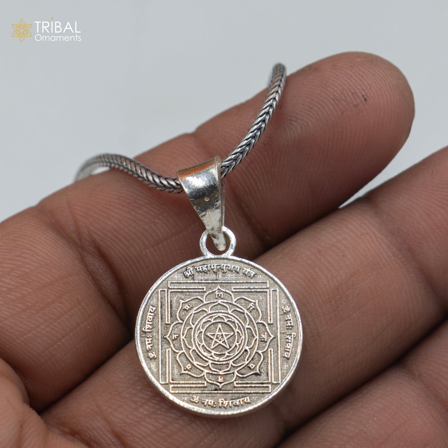 925 sterling silver handmade Maha Mritunjay Yantram Silver Pendant with chain tribal jewellery nsp1039 - TRIBAL ORNAMENTS
