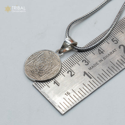 Handmade 925 sterling silver Maha Mrityunjay Yantram pendant with chain, tribal jewelry style, detailed silver tribal ornament.
