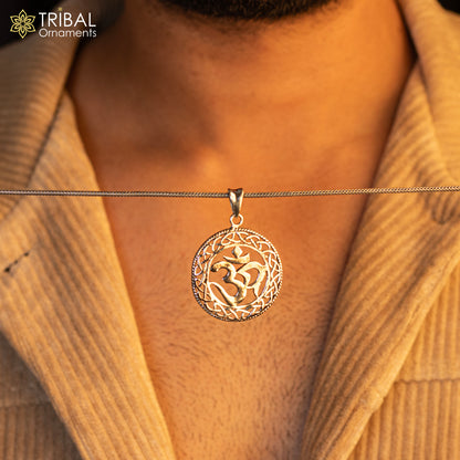 Sterling silver 'Aum' OM pendant by TRIBAL ORNAMENTS, unisex handmade jewelry with mantra symbol, stylish personalized pendant.