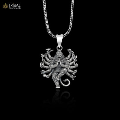 Handmade 925 sterling silver Narsimha pendant with chain, tribal jewelry featuring intricate tribal ornament design.
