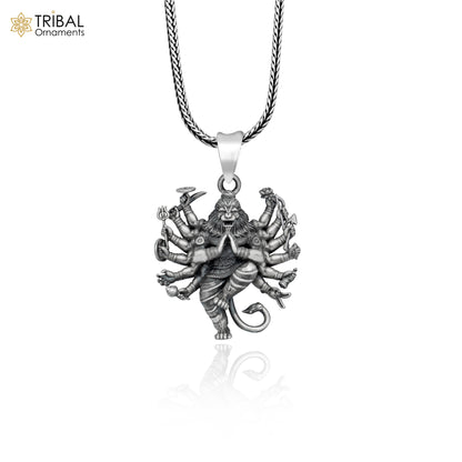 Handmade 925 sterling silver Narsimha pendant with chain, tribal jewelry design showcasing intricate craftsmanship and tribal motifs.