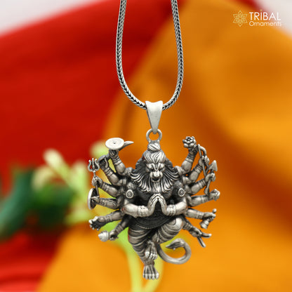 Handmade 925 sterling silver Narasimha pendant with chain, tribal jewelry design showcasing intricate tribal ornament craftsmanship.