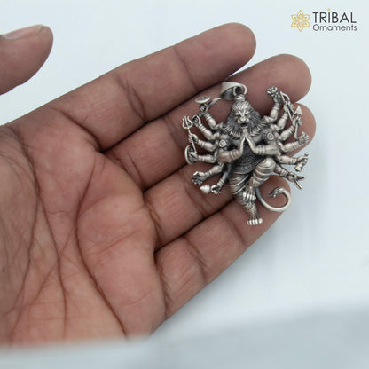 Handmade 925 sterling silver Narsimha pendant with chain, tribal jewelry featuring intricate tribal ornament design.