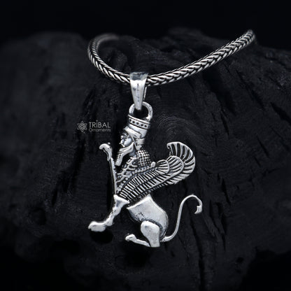Handcrafted 925 Sterling silver Persian winged sphinex pendant with intricate tribal ornament details.