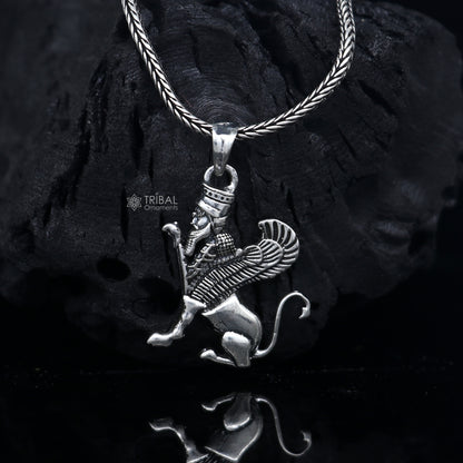 Handmade 925 Sterling silver Persian winged sphinx pendant featuring intricate tribal ornament design.