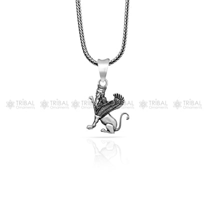 Handcrafted 925 Sterling silver Persian winged Sphinx pendant with intricate tribal ornament details.