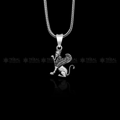 925 Sterling silver Persian winged Sphinx pendant with intricate tribal design, handmade jewelry by TRIBAL ORNAMENTS.
