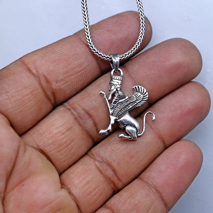 Handmade 925 Sterling silver Persian winged sphinx pendant with intricate tribal ornament design.