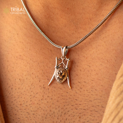 Sterling silver lion face pendant by Tribal Ornaments, stylish handmade hip hop jewelry with intricate tribal design.