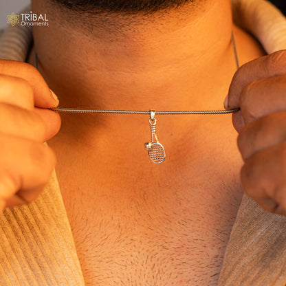 Sterling silver tennis racket style pendant by TRIBAL ORNAMENTS, handmade jewelry with a stylish, small tennis racket design.