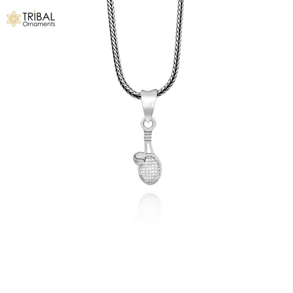 Sterling silver tennis racket pendant by Tribal Ornaments, handmade stylish jewelry with intricate design and religious/custom engraving.