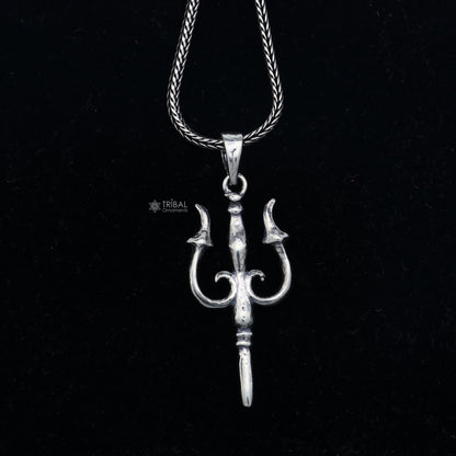 Handmade 925 Sterling silver Trishul pendant with intricate tribal design, crafted by Tribal Ornaments.