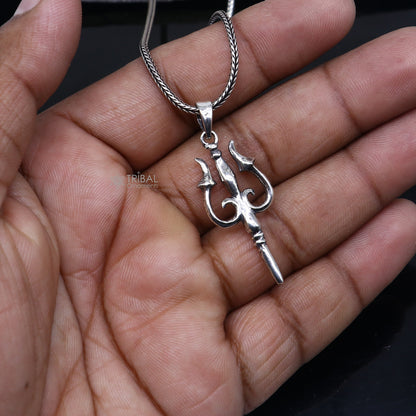 Sterling silver handmade Trishul pendant featuring a traditional trident design by TRIBAL ORNAMENTS.