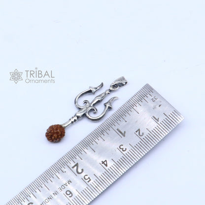 Handmade 925 sterling silver Trishul pendant with Rudraksha bead, tribal ornaments style, featuring a detailed trident design.