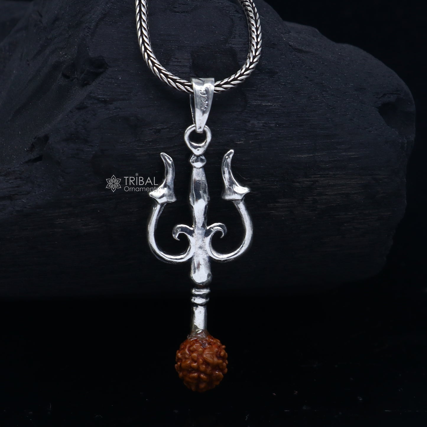 Handmade 925 sterling silver Trishul pendant with Rudraksha beads, tribal ornament featuring a detailed trident design.
