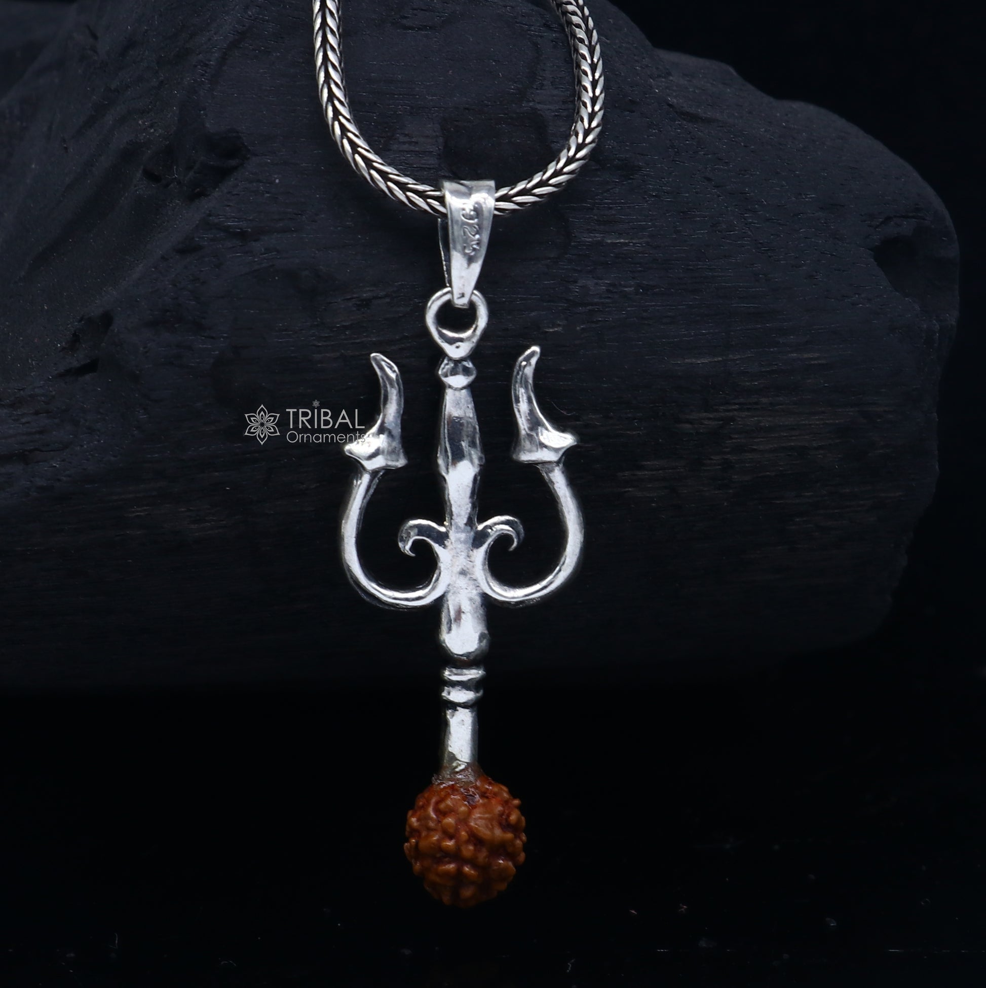 Handmade 925 sterling silver Trishul pendant with Rudraksha beads, tribal ornament featuring a detailed trident design.