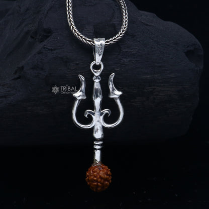 Handmade 925 sterling silver Trishul pendant with Rudraksha beads, tribal ornament featuring a detailed trident design.