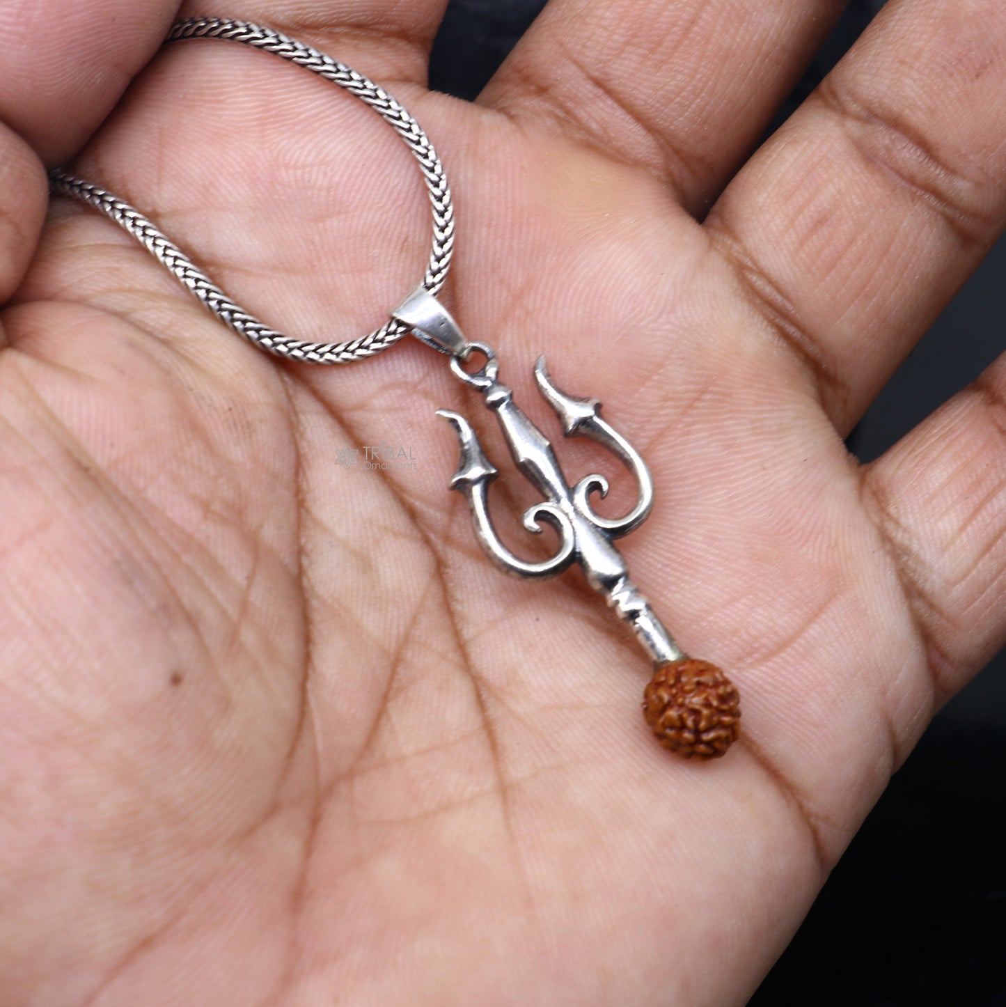 Handmade 925 sterling silver Trishul pendant with Rudraksha bead, tribal design, crafted by TRIBAL ORNAMENTS.