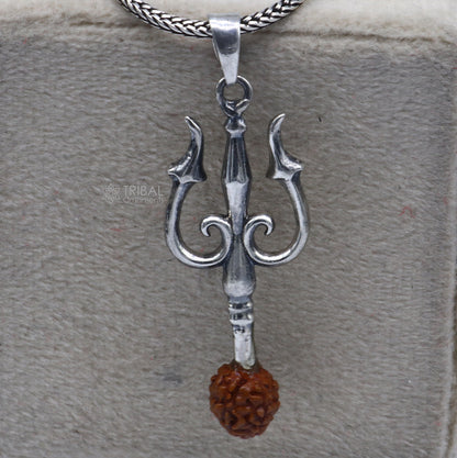 Handmade 925 sterling silver Trishul pendant with Rudraksha bead, featuring intricate tribal ornament design.