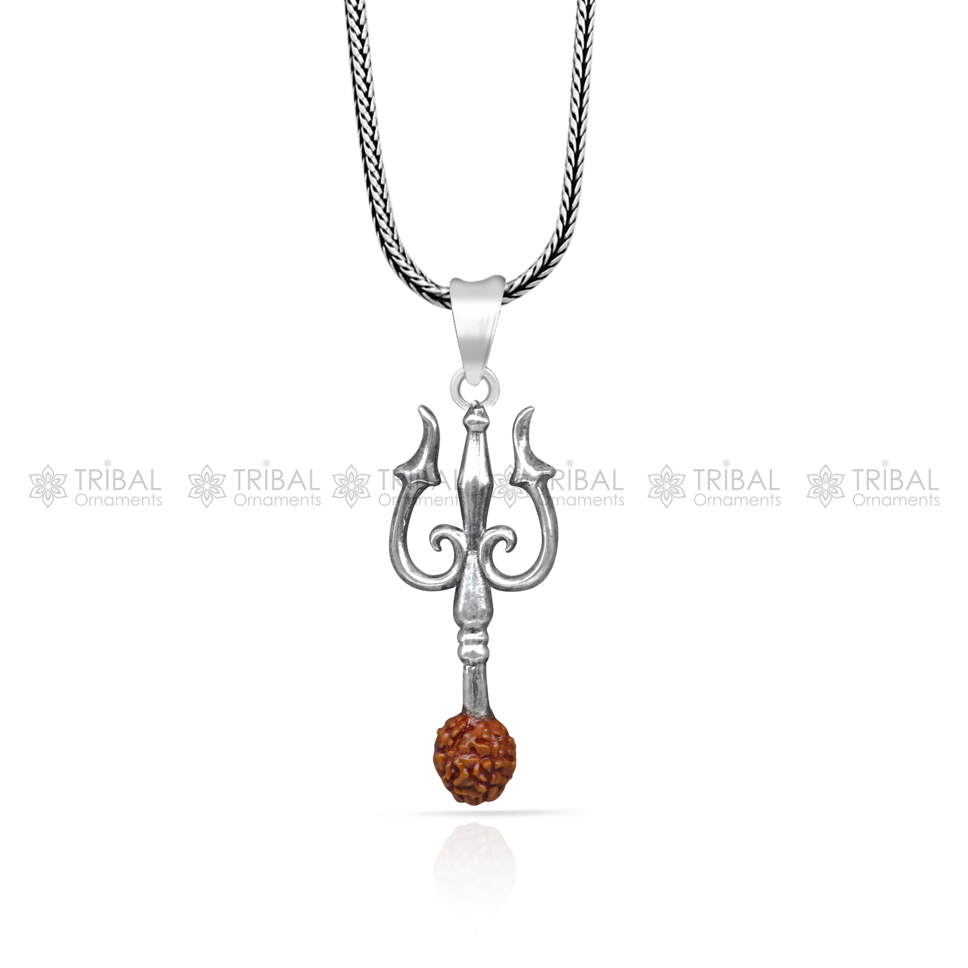 Handmade 925 sterling silver Trishul pendant with Rudraksha bead, detailed tribal ornament design, symbolizing spiritual significance.