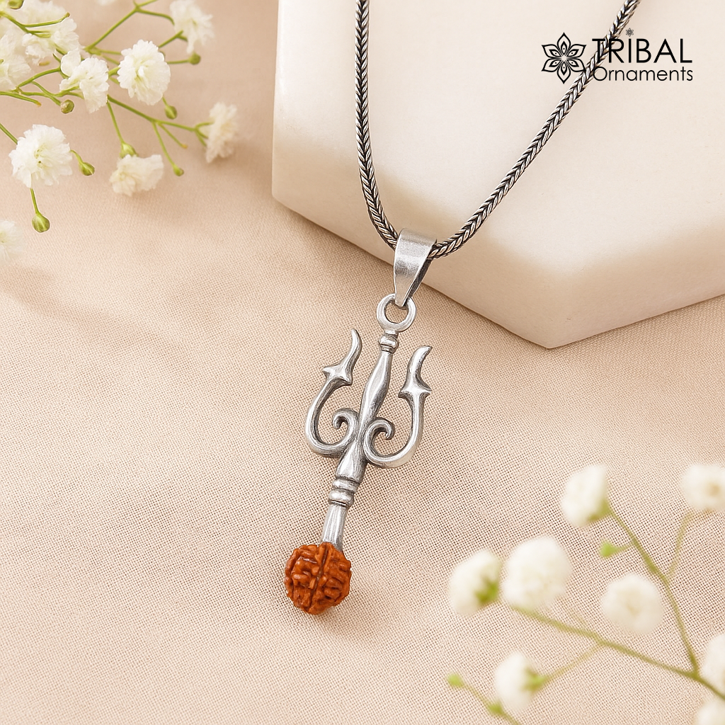 Handmade 925 sterling silver Trishul pendant with Rudraksha beads, tribal-inspired trident jewelry by Tribal Ornaments.
