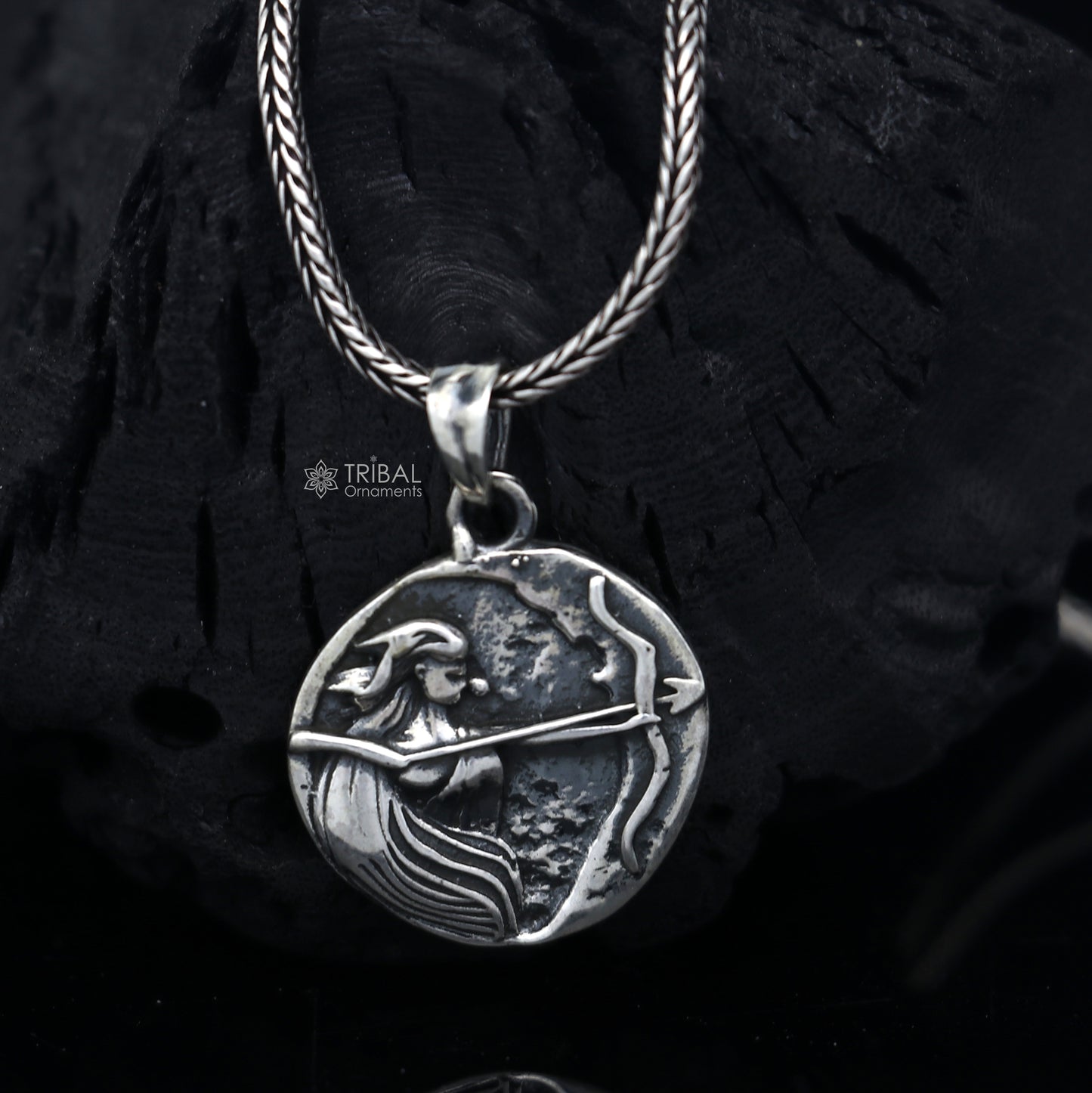 925 Sterling silver Artemis charm pendant with unique handmade tribal design by TRIBAL ORNAMENTS.