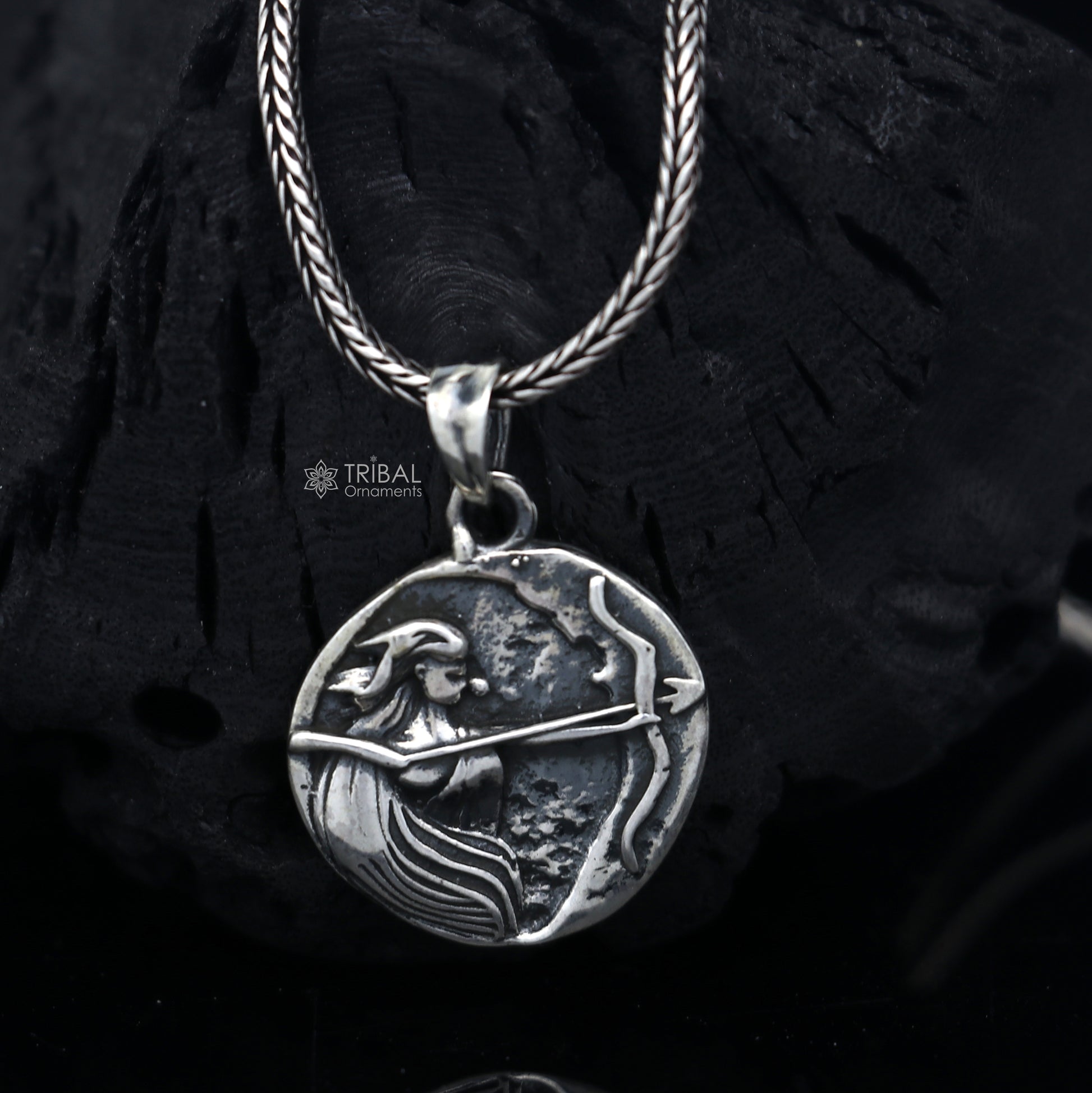 925 Sterling silver Artemis charm pendant with unique handmade tribal design by TRIBAL ORNAMENTS.