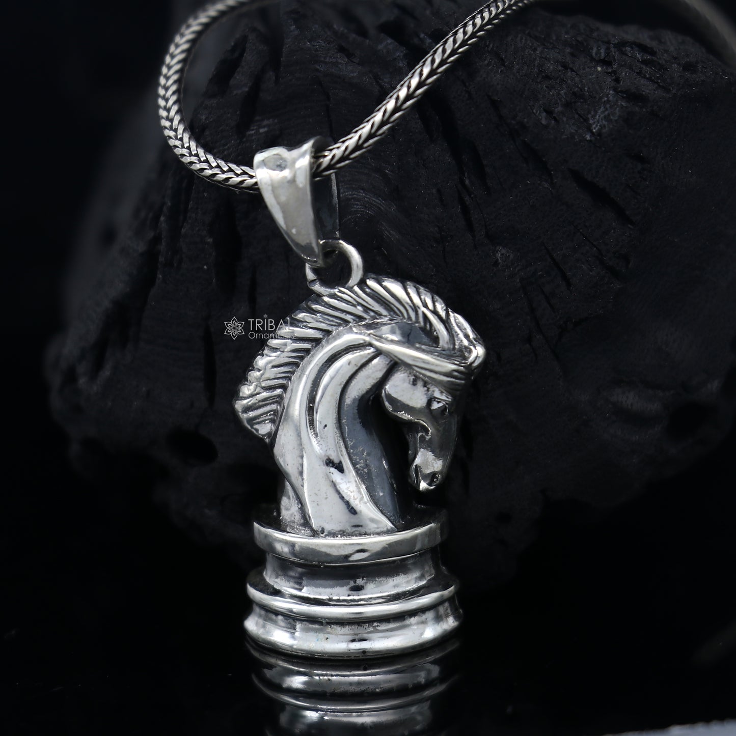 925 Sterling silver horse pendant with unique tribal design, handmade by Tribal Ornaments.