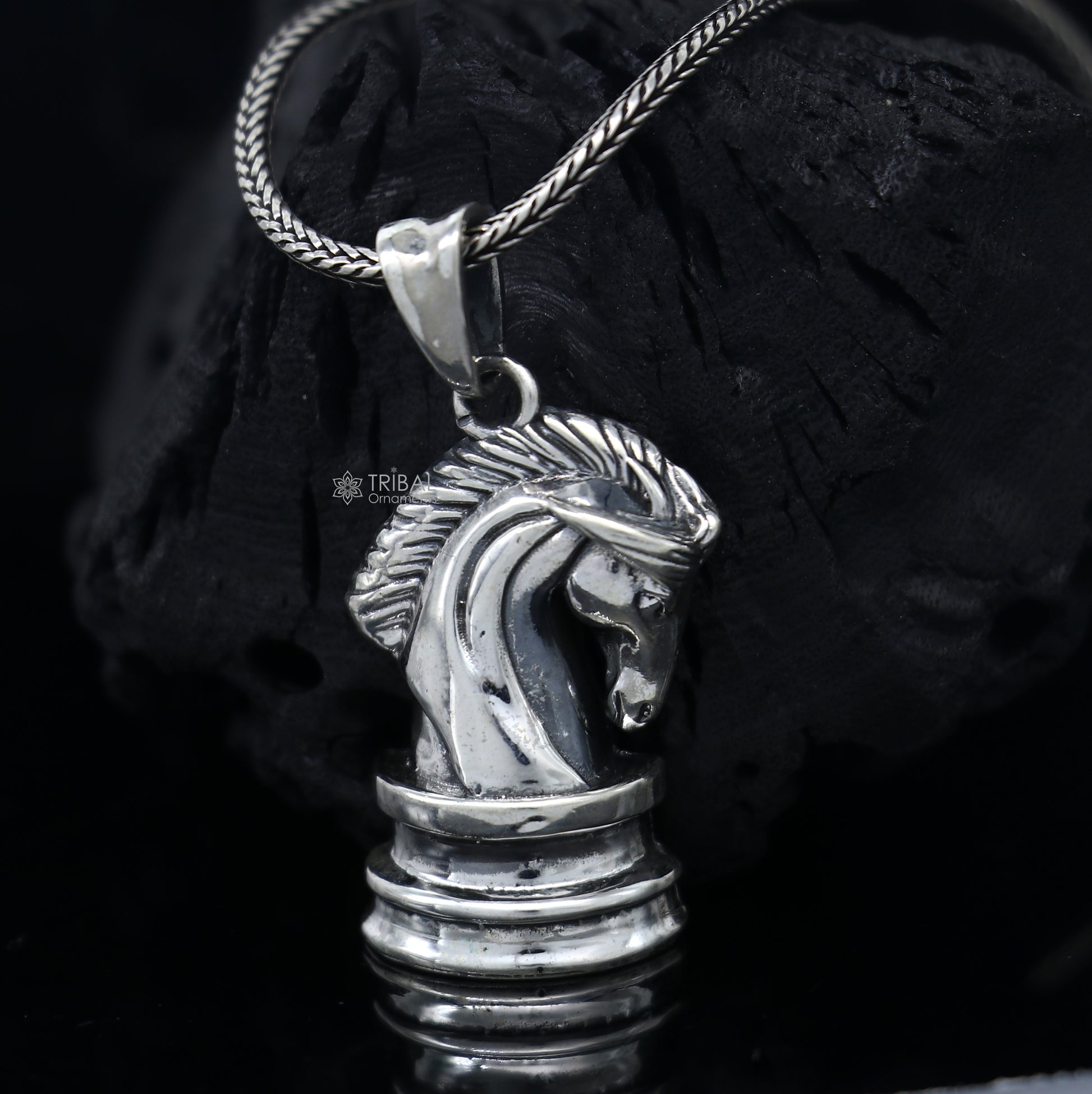 925 Sterling silver horse pendant with unique tribal design, handmade by Tribal Ornaments.