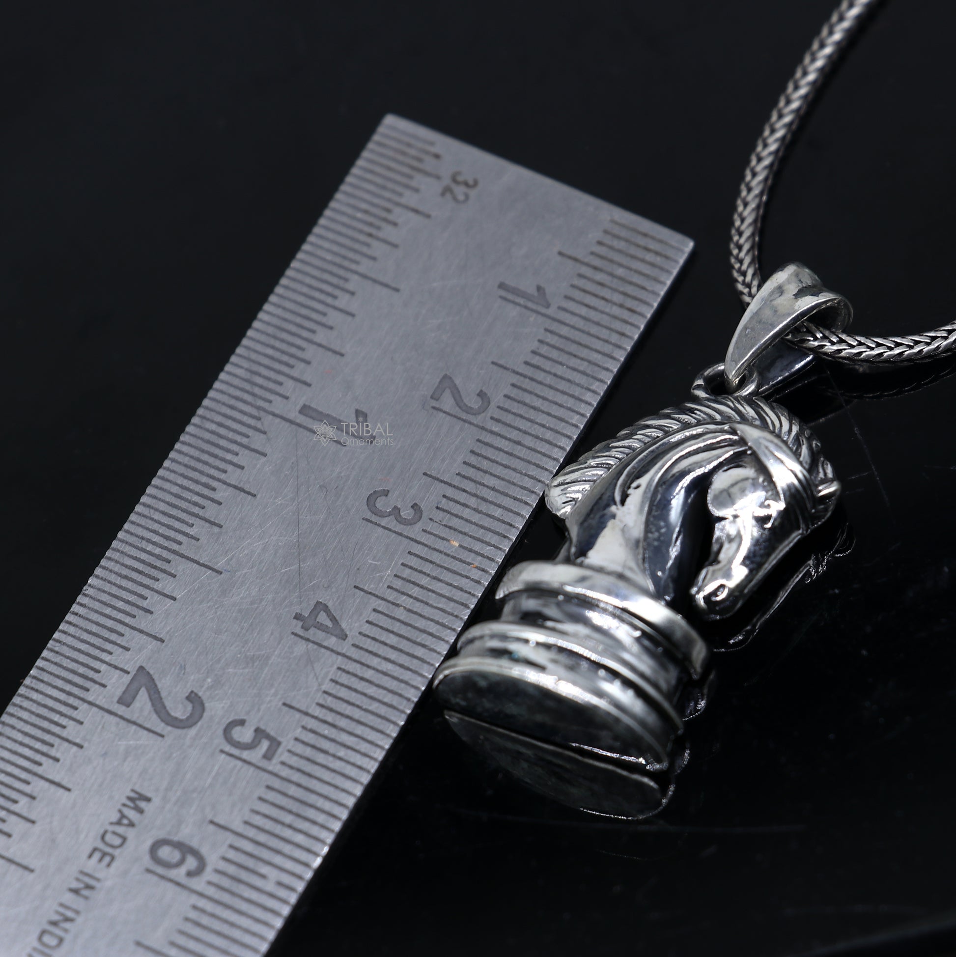 925 Sterling silver horse pendant with unique tribal design, handmade by TRIBAL ORNAMENTS, featuring intricate craftsmanship.