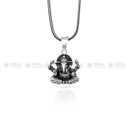 925 Sterling silver Lord Ganesha pendant with unique tribal design, handmade by TRIBAL ORNAMENTS, intricate and detailed craftsmanship.