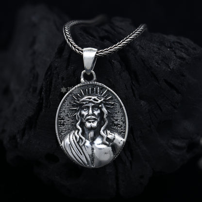 Handmade 925 sterling silver men's Jesus pendant with unique tribal design by TRIBAL ORNAMENTS.