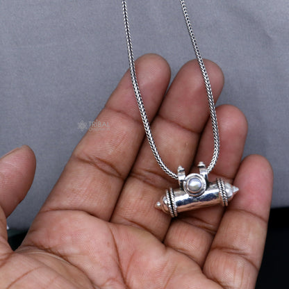 Handmade 925 sterling silver tribal amulet pendant with customized design and mantra box, crafted by TRIBAL ORNAMENTS.