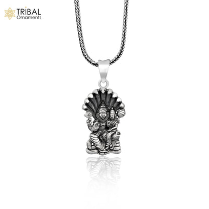 Unisex handmade 925 sterling silver Vishnu with Laxmi Narsimha pendant featuring detailed religious design by TRIBAL ORNAMENTS.