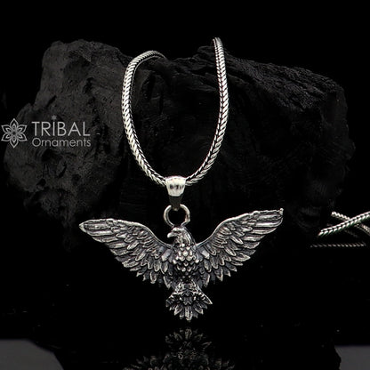 Sterling silver Lord Vishnu Vahan Garuda eagle pendant, unisex jewelry featuring tribal ornament design and intricate craftsmanship.
