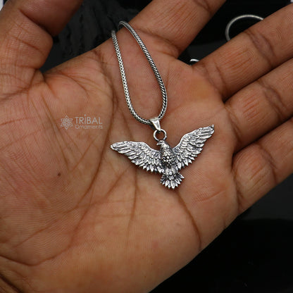 Sterling silver Lord Vishnu Vahan Garuda eagle pendant, unisex jewelry featuring detailed religious idol and intricate design.