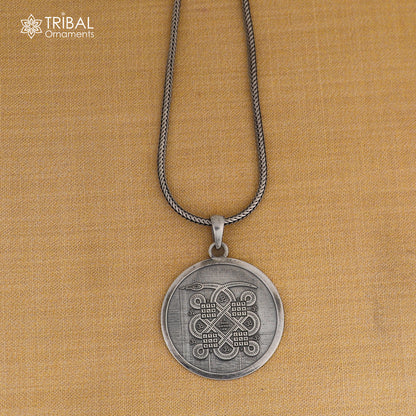 925 sterling silver Kalsarp Yogh Yantra pendant with chain, tribal jewelry piece featuring intricate design.