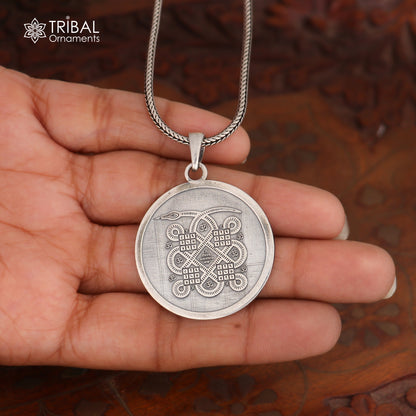 925 sterling silver Kalsarp Yogh Yantra pendant with chain, tribal jewelry featuring intricate tribal ornament design.