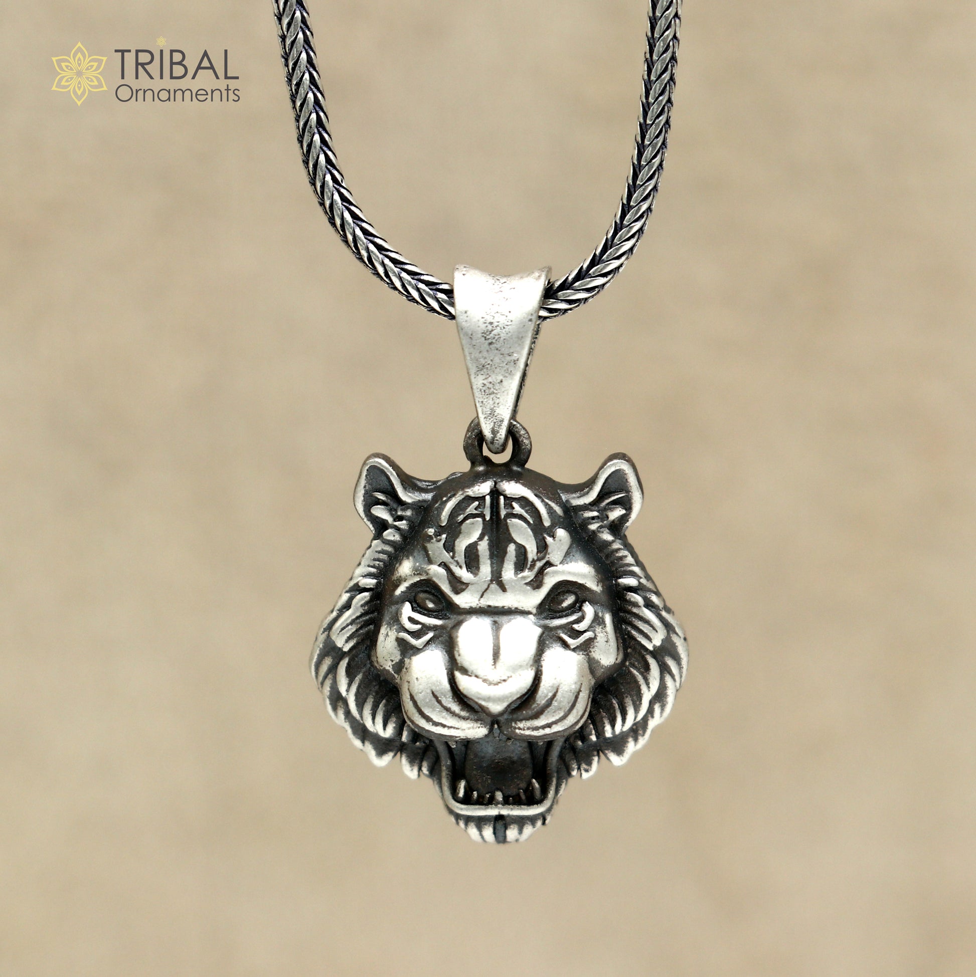 925 sterling silver lion face pendant with chain tribal jewellery nsp1055 - TRIBAL ORNAMENTS