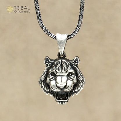 925 sterling silver lion face pendant on chain, tribal jewelry design with intricate detailing, by TRIBAL ORNAMENTS.