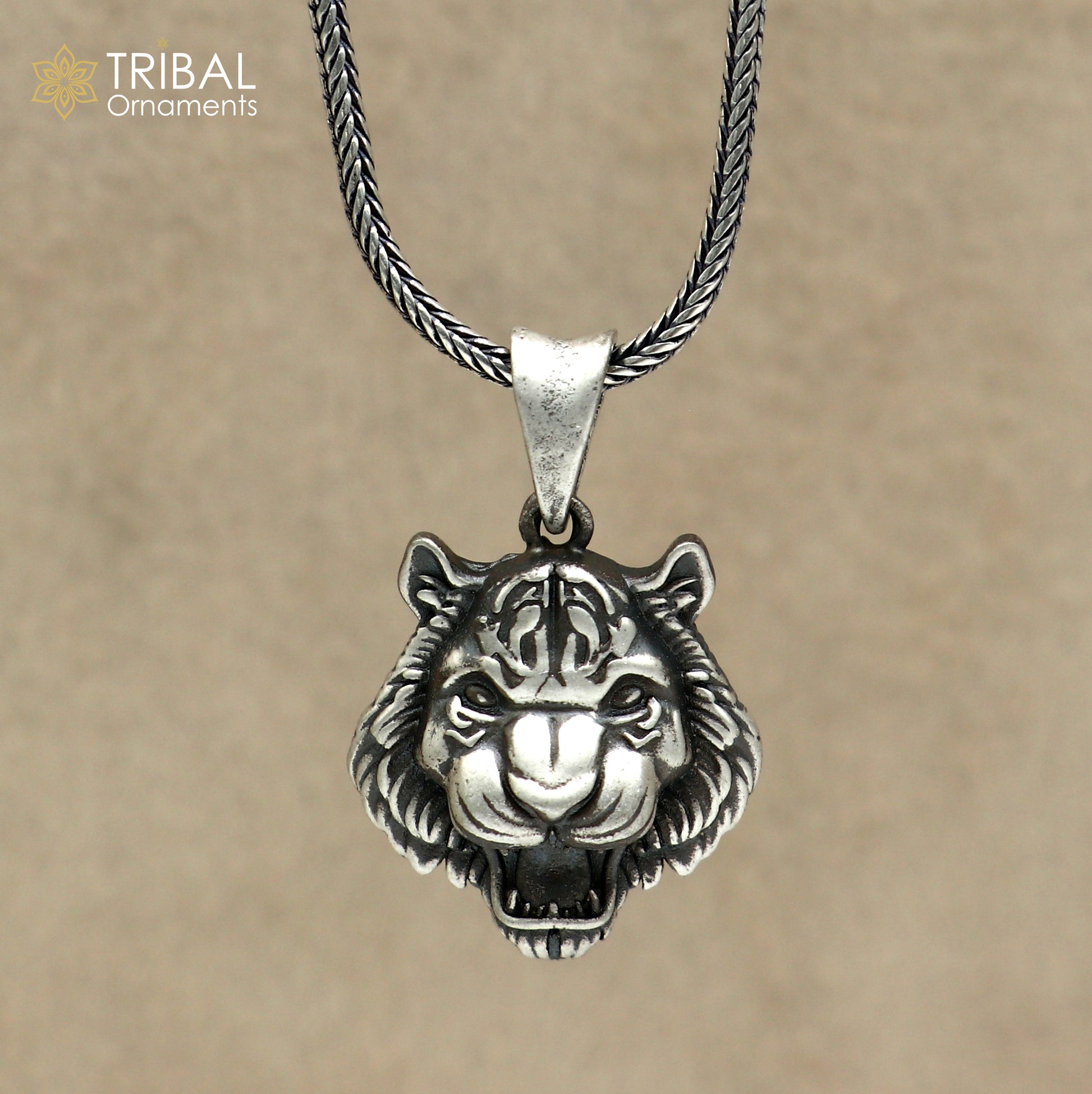 925 sterling silver lion face pendant with chain tribal jewellery nsp1055 - TRIBAL ORNAMENTS