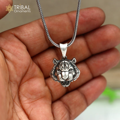 925 sterling silver lion face pendant with chain, tribal jewelry, detailed tribal ornaments design