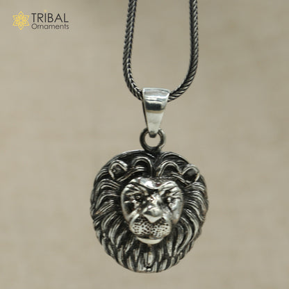 Tribal silver lion face pendant with chain, crafted from 925 sterling silver, featuring tribal-inspired tribal ornament jewelry.