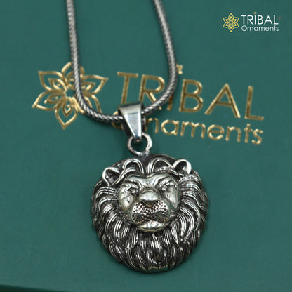 925 sterling silver lion face pendant with chain, tribal jewelry by TRIBAL ORNAMENTS, featuring intricate tribal design details.