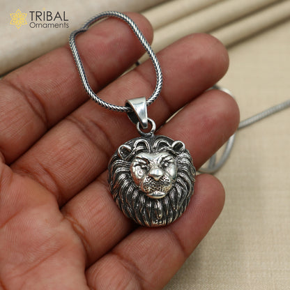 925 sterling silver lion face pendant on chain, tribal jewelry by TRIBAL ORNAMENTS, showcasing detailed tribal-inspired design